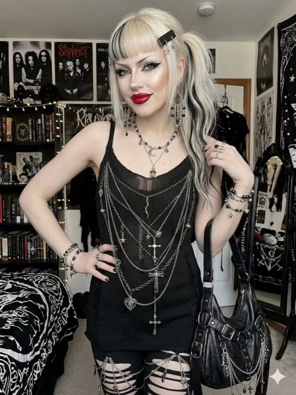 Dolls Kill Black Knit Tank with Layered Chain Charms